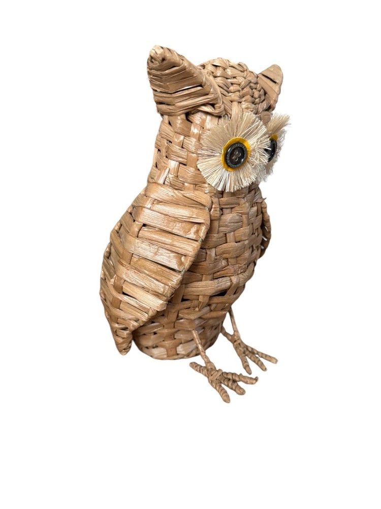 Vintage Mid Century Wicker Owl 10” Button Eyes
