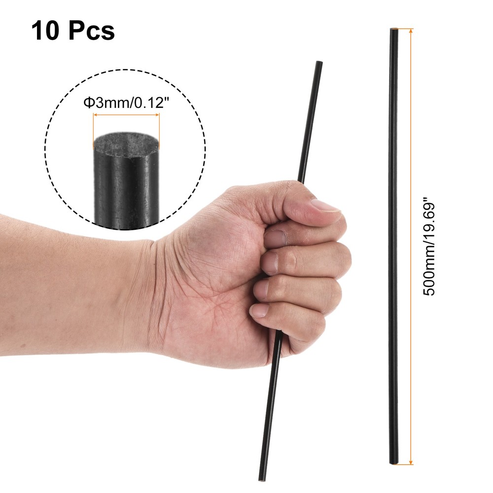 10 Pcs Black Plastic Rods 3 x 500mm ABS Styrene Round Stick Round Solid Bar