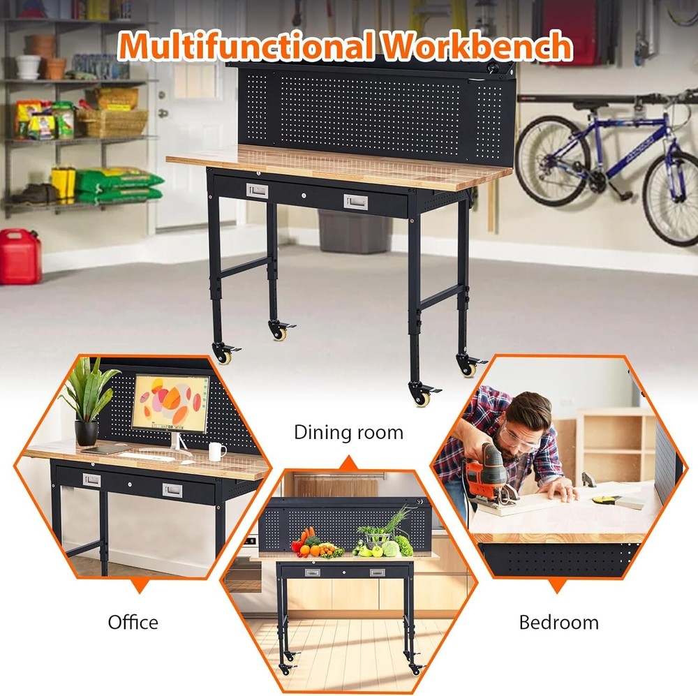 60" Adjustable Height Workbench 2000 LB Workstation W/ Drawer Storage & Pegboard