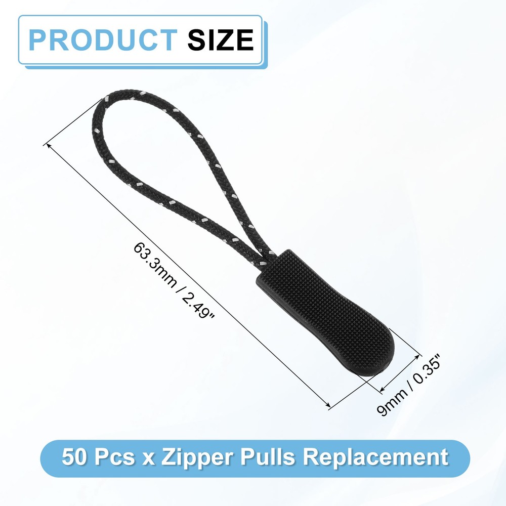 50Pcs Zipper Pulls Replacement Cord Extender, 63.3mm Black