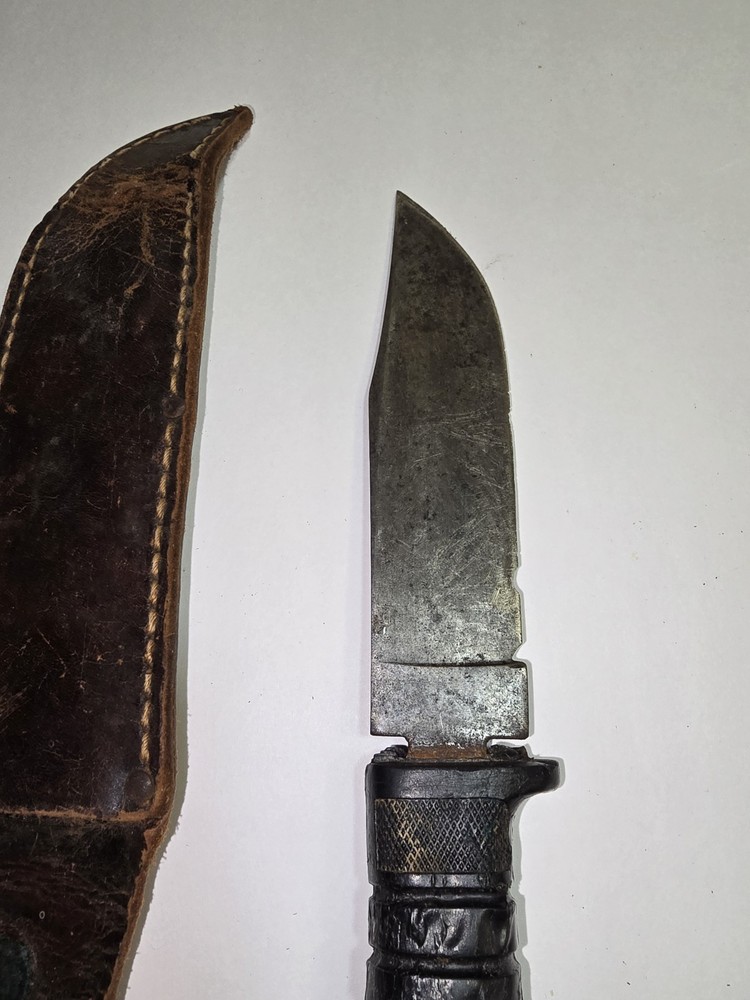 WWII US Fighting Knife With Leather Scabbard Possible NAVY Sheath
