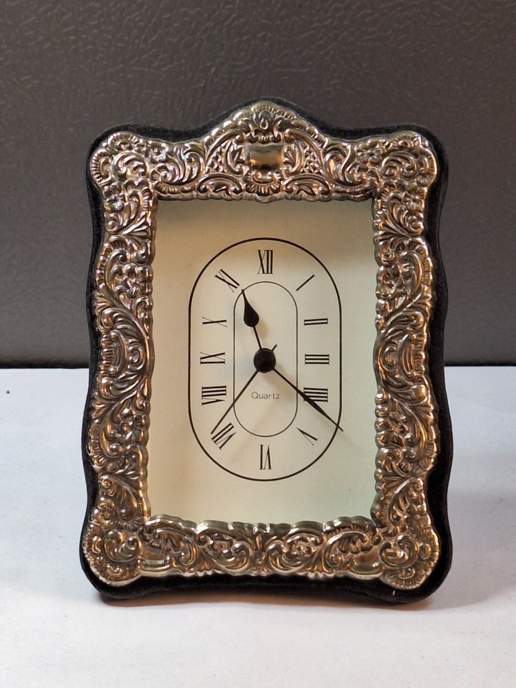 Vtg Silver Framed Quartz Clock Scrolled Design Tabletop