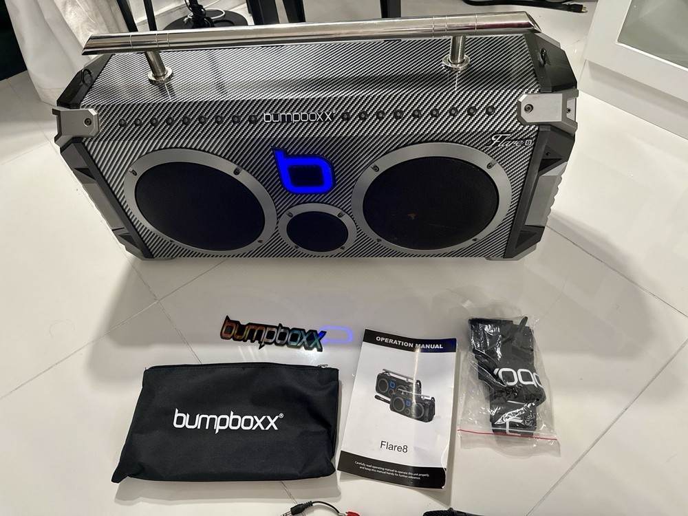 bumpboxx Flare8 Boombox Bluetooth USB Remote Microphone Aux Input Black Silver