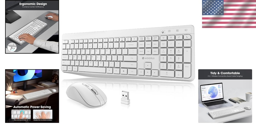 Ergonomic Wireless Keyboard and Mouse Combo with 12 Shortcuts - Quiet Operation
