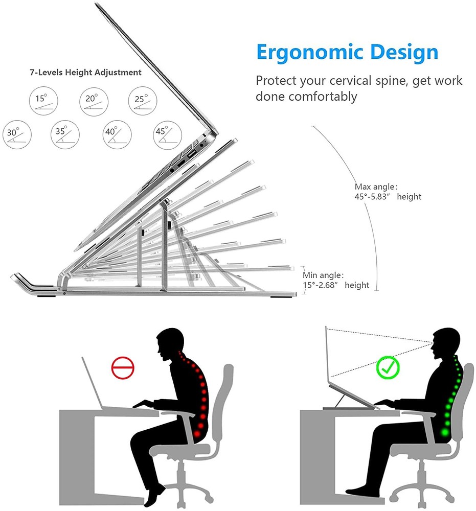 Laptop Stand for Desk, Ergonomic Design Adjustable Aluminum Foldable Silver