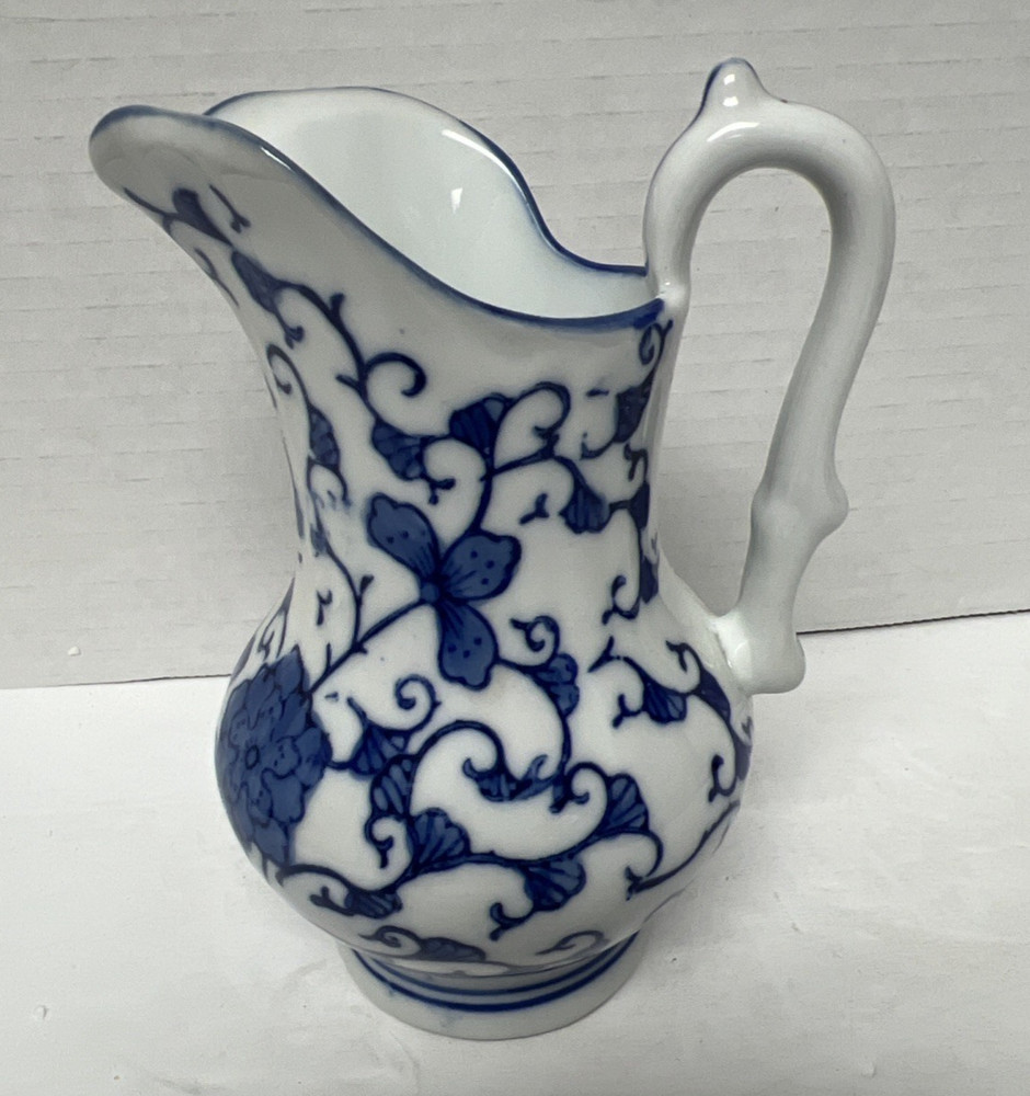 Cobalt Blue & White Ceramic Floral creamer/pitcher 5.5” Tall