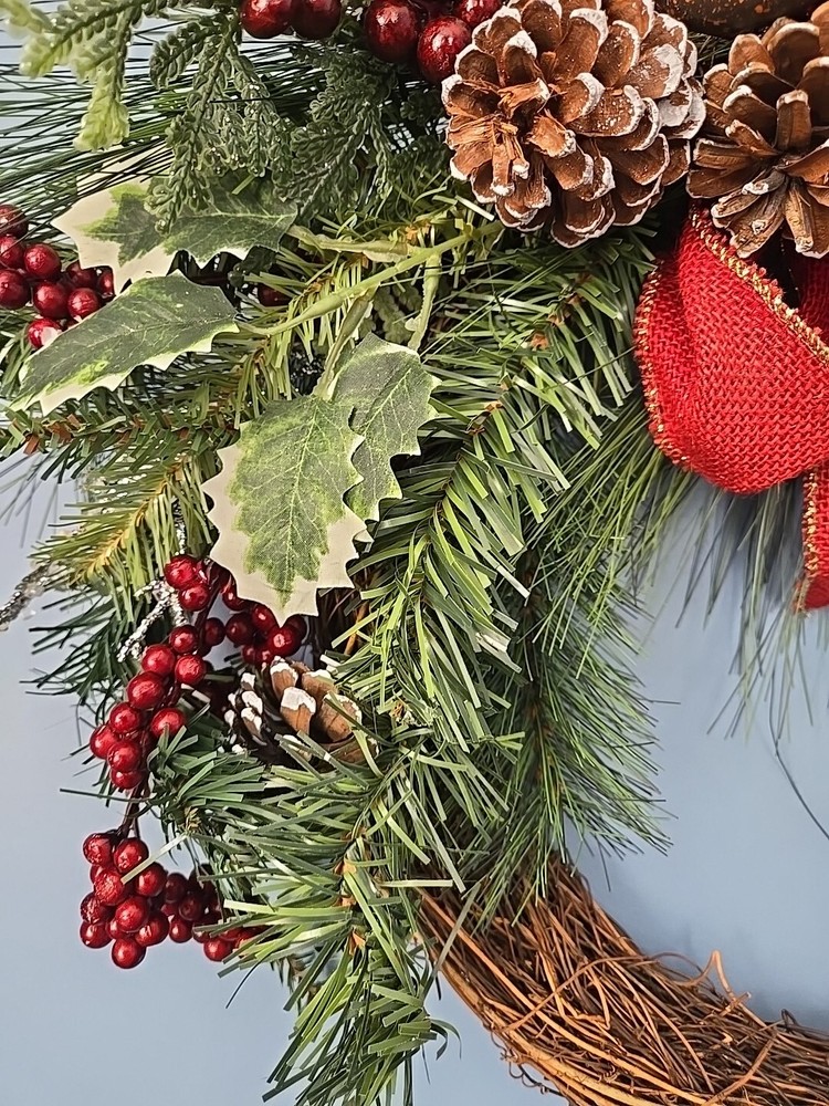 20" Mixed Greenery with Pinecones Berries Bow Vine Artificial Christmas Wreath