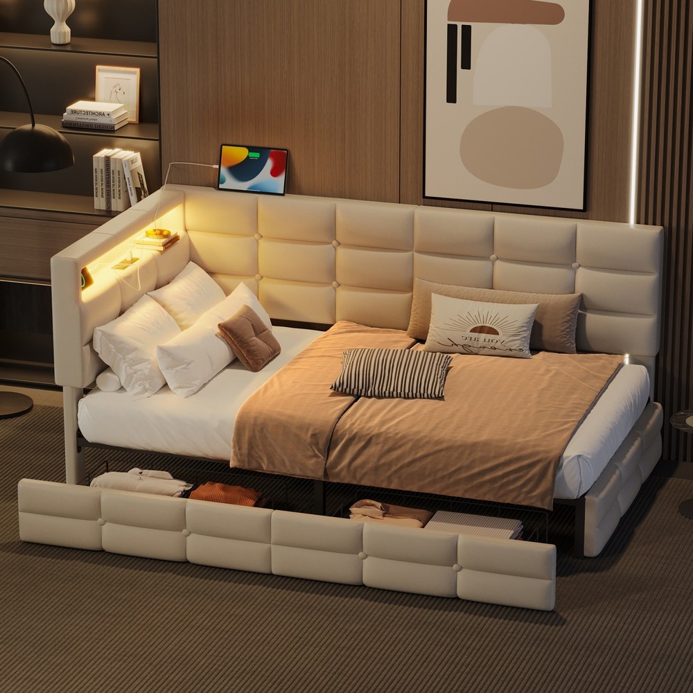 Twin Size Daybed Upholstered Bed Frame Sofa Bed w/ LED Lights & Drawers