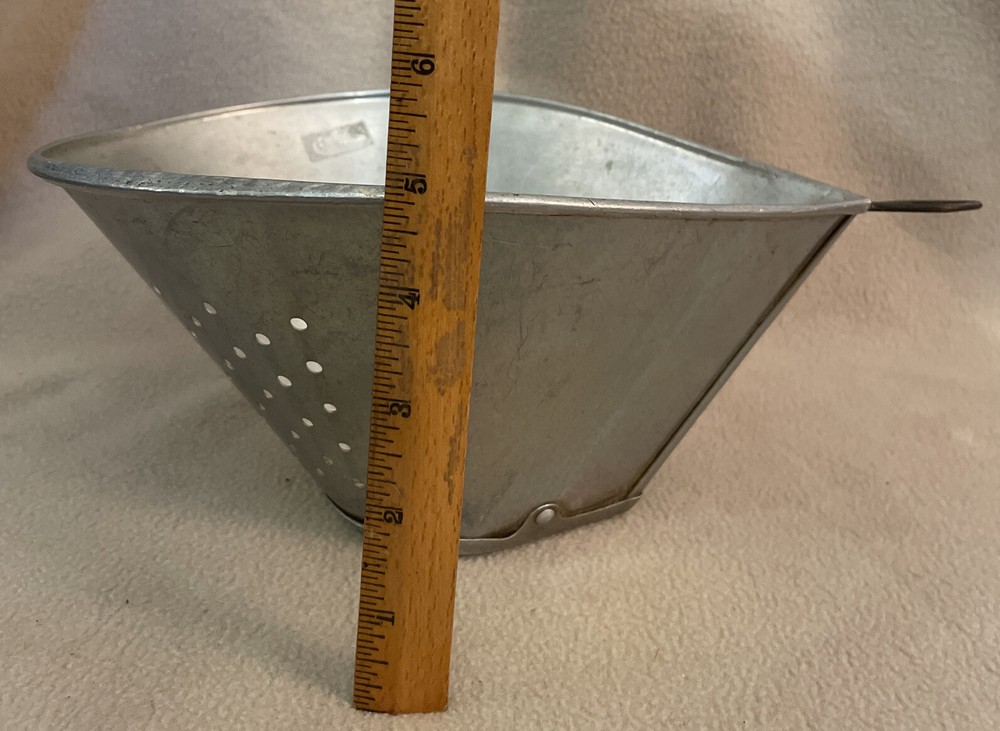 Antique Ovoid Teardrop Metal Colander Sieve Strainer Hanging Loop Riveted Base