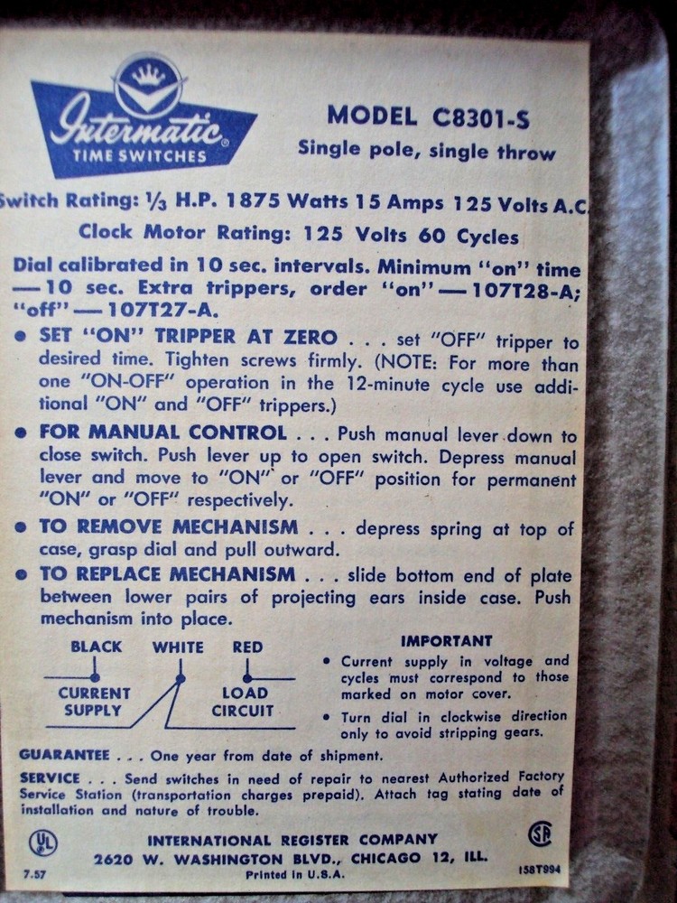 Intermatic Time Switch Control Box Only Model C8301-S Single Pole Single Throw