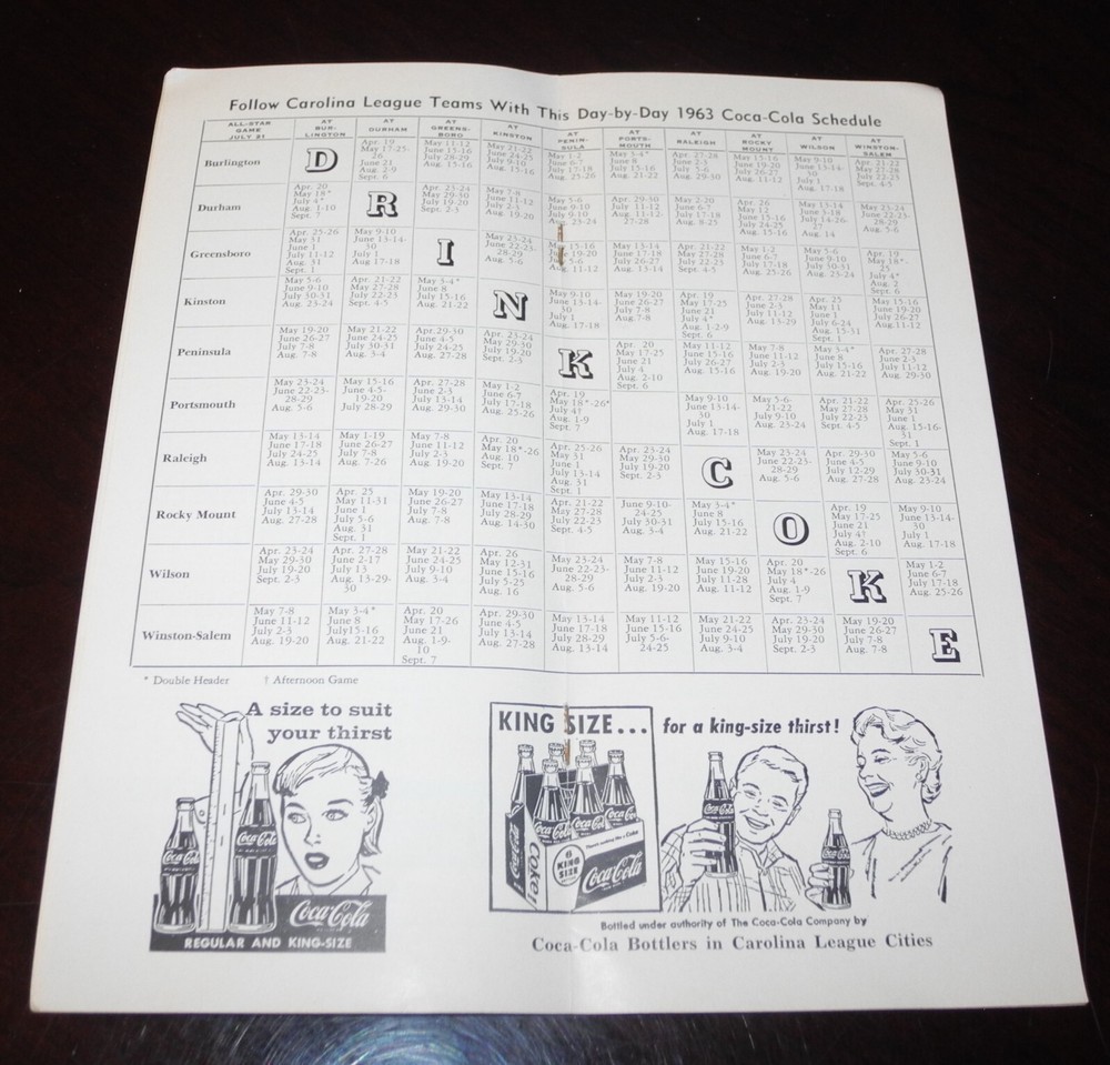 1963 Baseball Carolina League Durham Bulls Record Media Guide Program Schedule