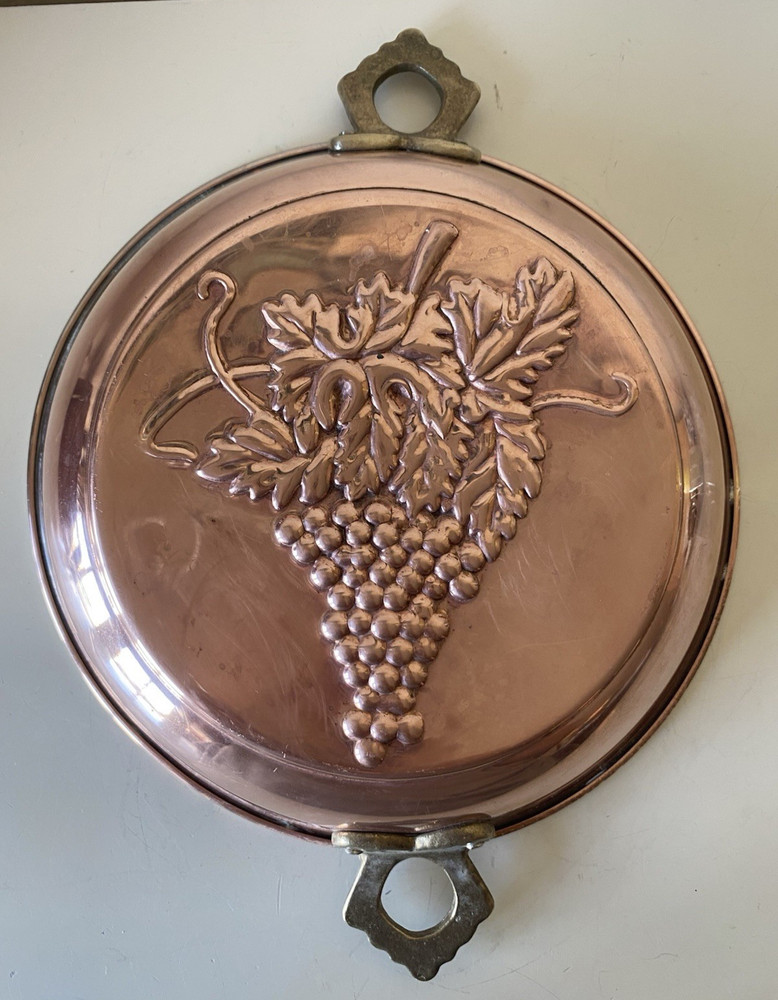 Solid Copper Grape Cluster Motif Mold With Double Brass Handles Hanging Decor
