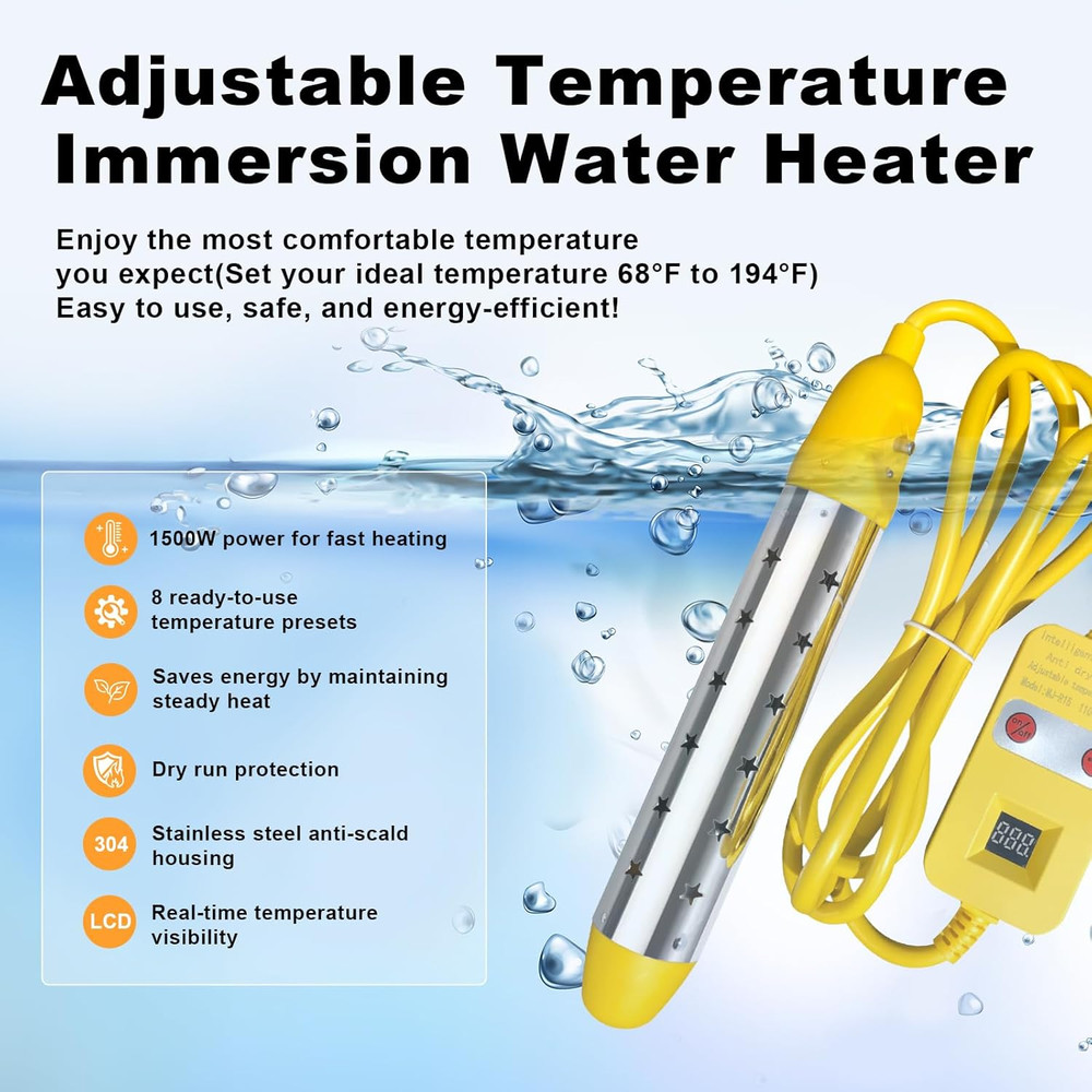 Portable Water Heater – 1500W Immersion Heater for Bathtub, Bucket, Hot Tub, and