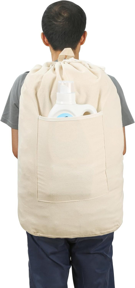 Canvas Laundry Bag, Washable Laundry Backpack, Adjustable Straps, Large Front Po
