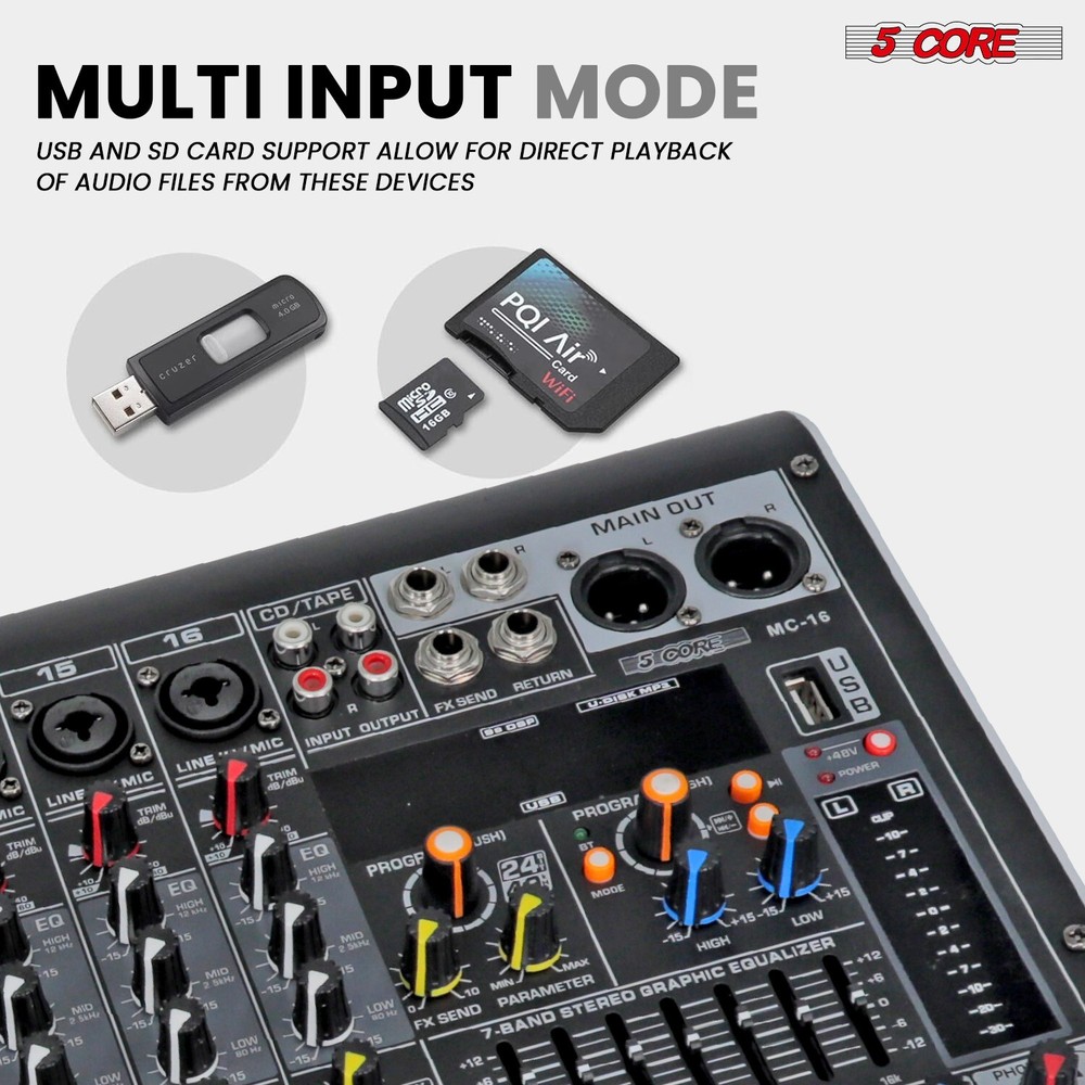 5Core Professional Audio Mixer 16 Channel DJ Mixing Board Bluetooth USB Analog