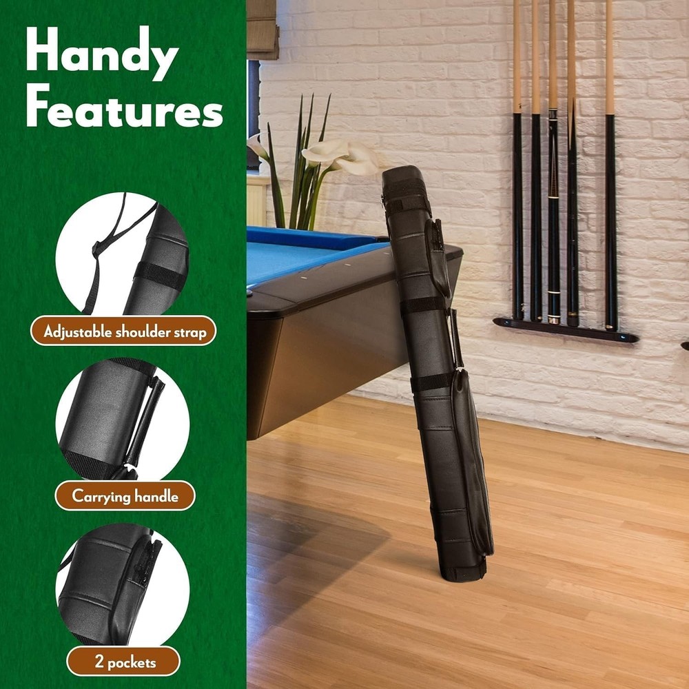 Portable Hard Pool Cue Stick Case - Adjustable Strap & External Pockets Included