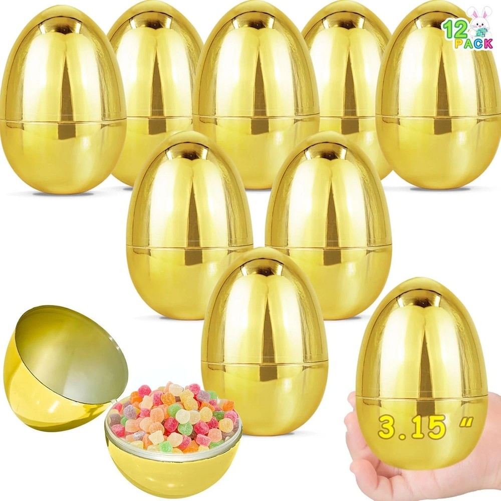 12 Pack 3.15" Large Golden Easter Eggs Empty, Shiny Metallic Plastic Easter Eggs