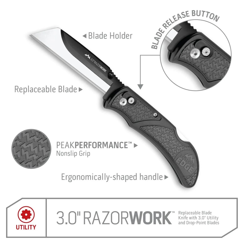 Outdoor Edge 3" RazorWork Replaceable Blade Folding Utility Knife Gray