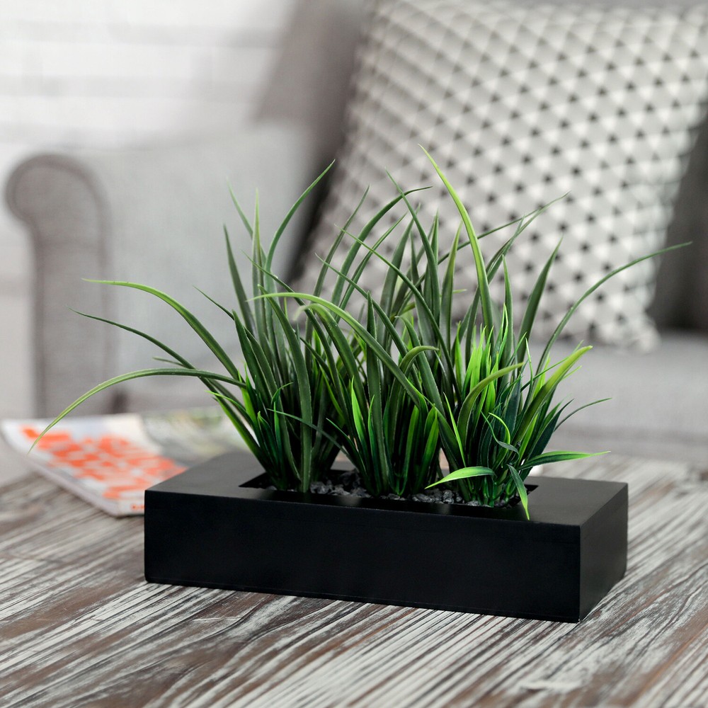 MyGift Artificial Green Grass Plants in Black Wood Rectangular Planter Pot