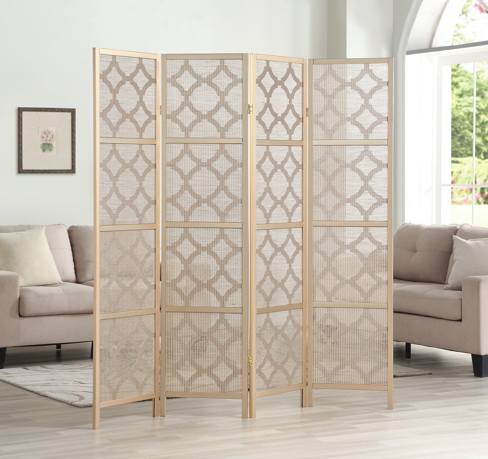 4-Panel Gold Diamond Design Room Divider Screen, Modern Geometric Privacy