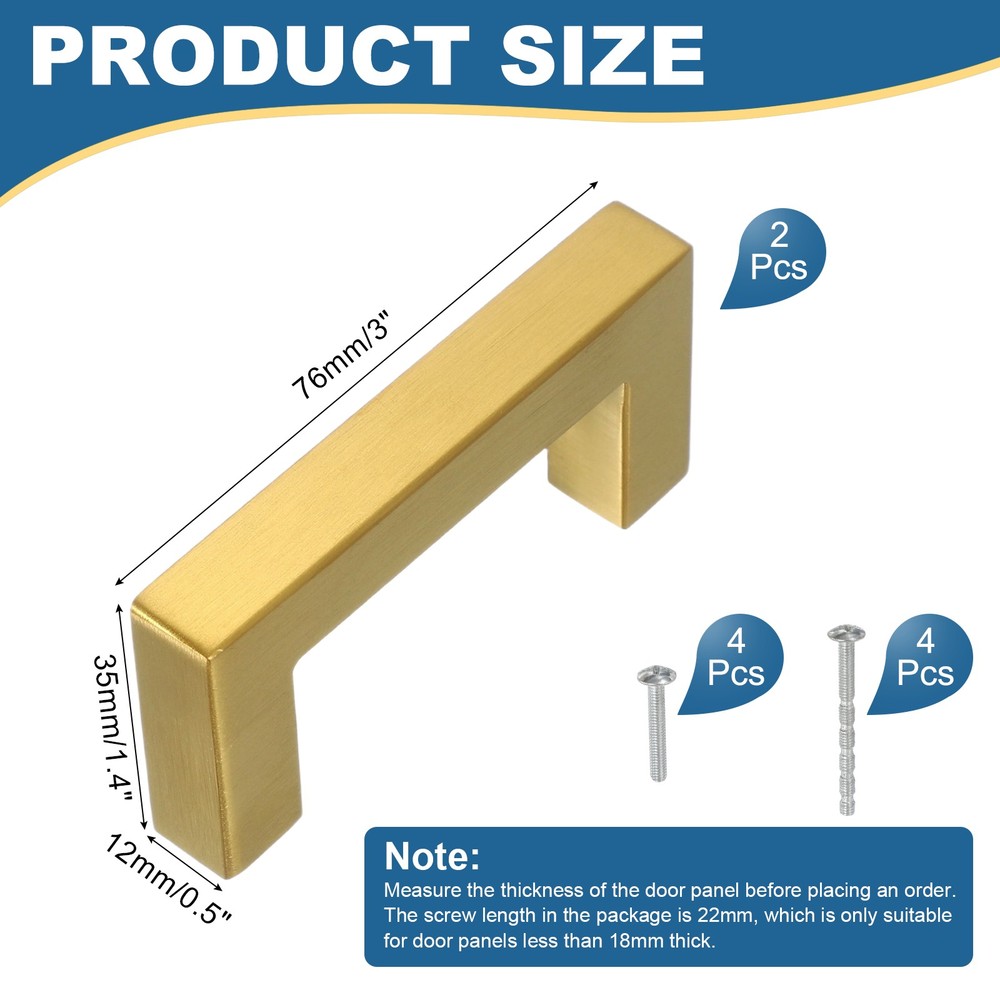 2 Pcs Gold Cabinet Pulls, 3 Inch Square Kitchen Cabinet Handles