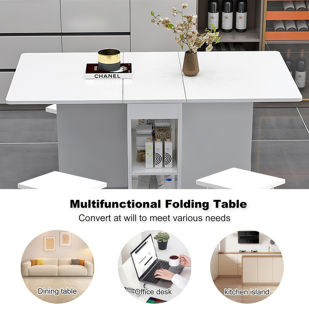 Folding Dining Table Set 4 Chairs, Space Saving with Storage & Wheels, White