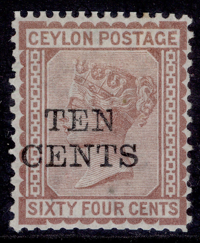CEYLON QV SG174, 10c on 64c red-brown, M MINT. Cat £100.