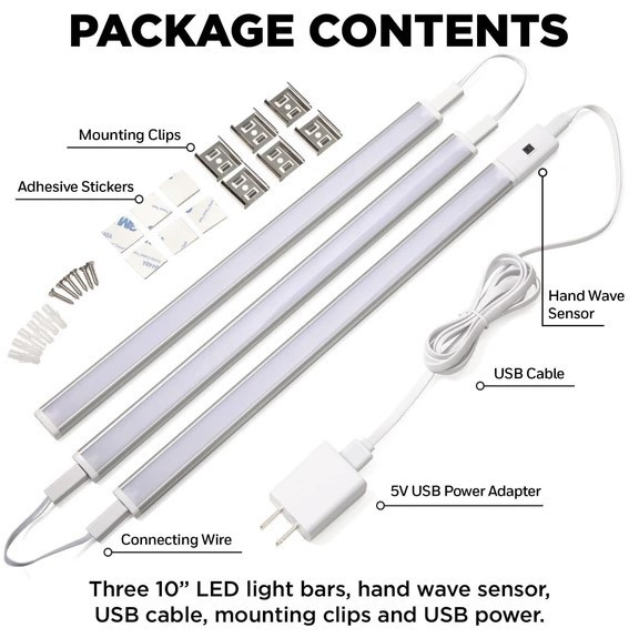 Hyper Tough 3-Pack 10-Inch Under Cabinet Lights Hand Wave Sensor Dimmable