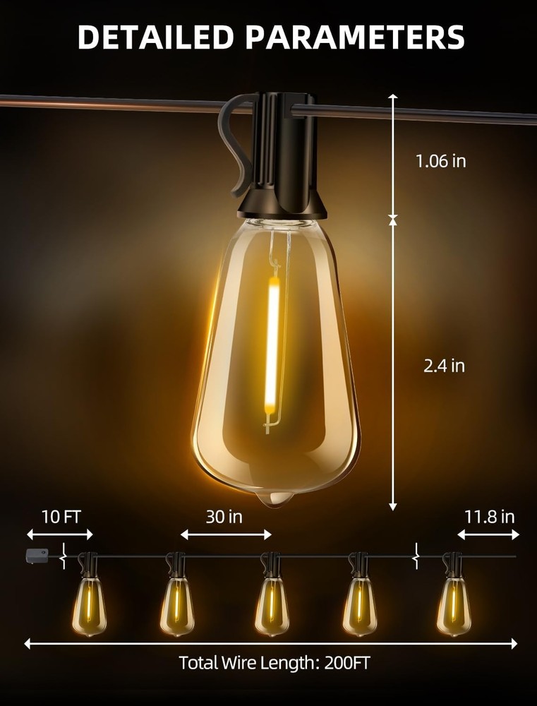 Outdoor Patio String Lights: 200Ft 60M Outside 200FT-Remote, Warm Light
