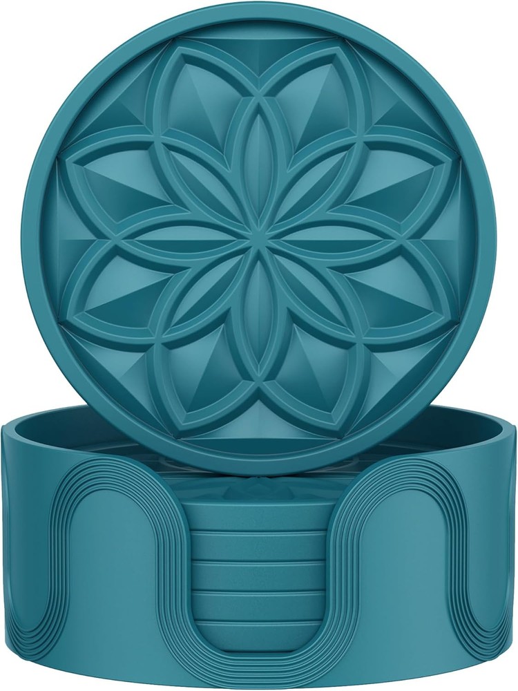 HFHOME Coasters for Drinks 6 Pack Silicone Set with Peacock Blue