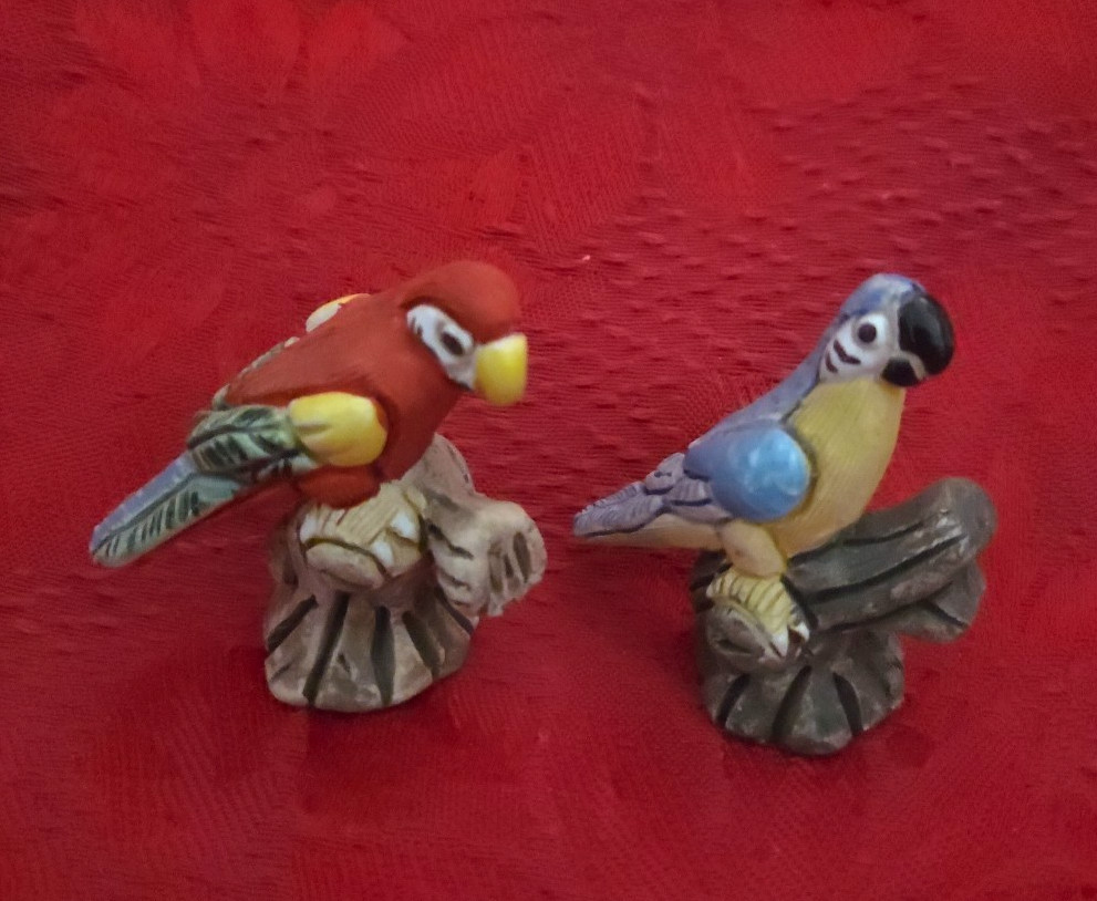 2 Cute Hand-Crafted Parrot Figurines Signed Impressed URPI
