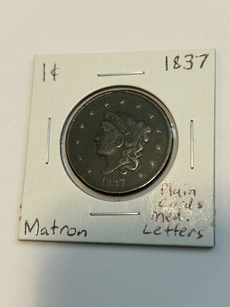 1837 Plain Cords Medium Letters Coronet Head Cent, U.S. Type 1c Coin Copper