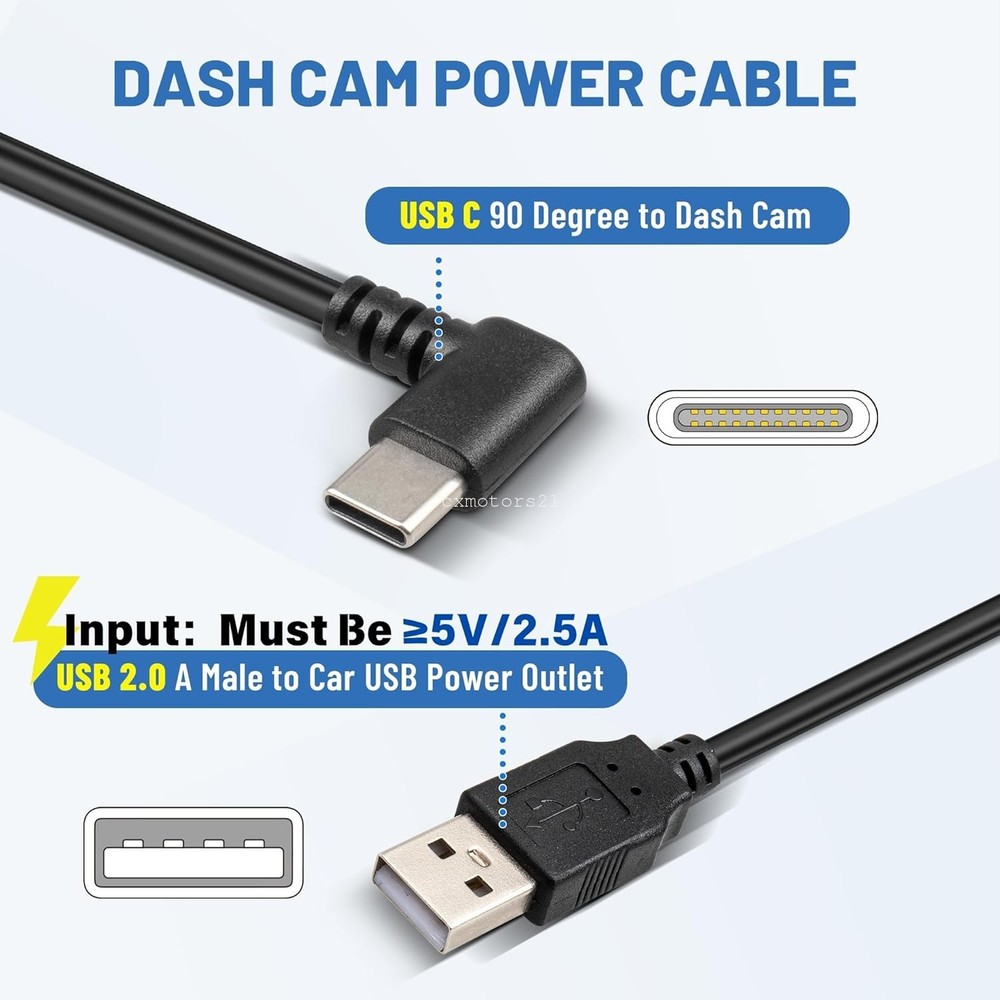 Dash Cam Charging Power Cable w/ USB Type C 13FT 90 Degree Angle for Dashboard