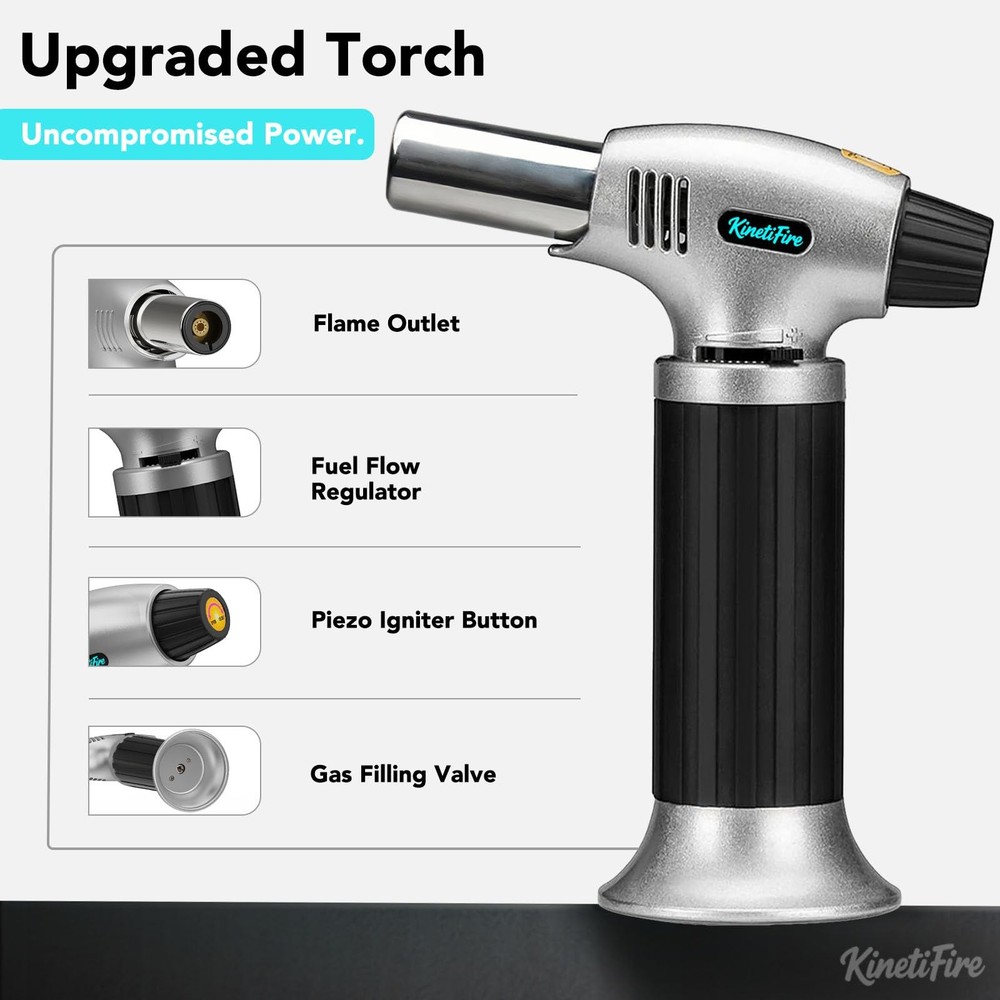 KinetiFire Butane Torch Lighter, Refillable Silver