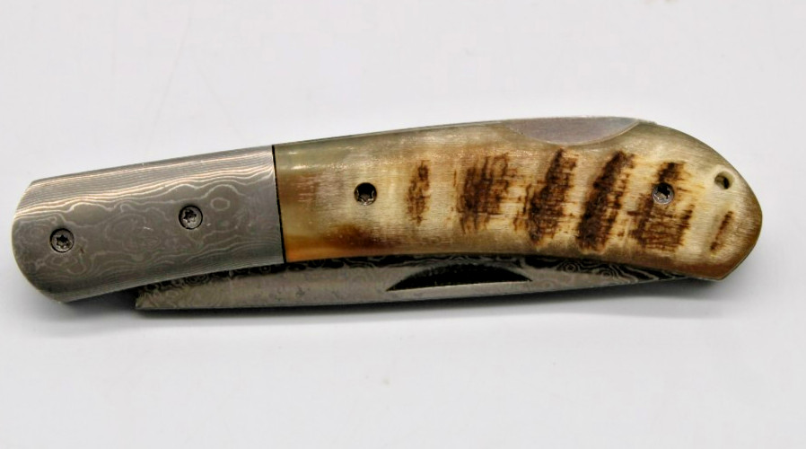 CEK - CUSTOM DAMASCUS FOLDING POCKET KNIFE RAM HORN HANDLE