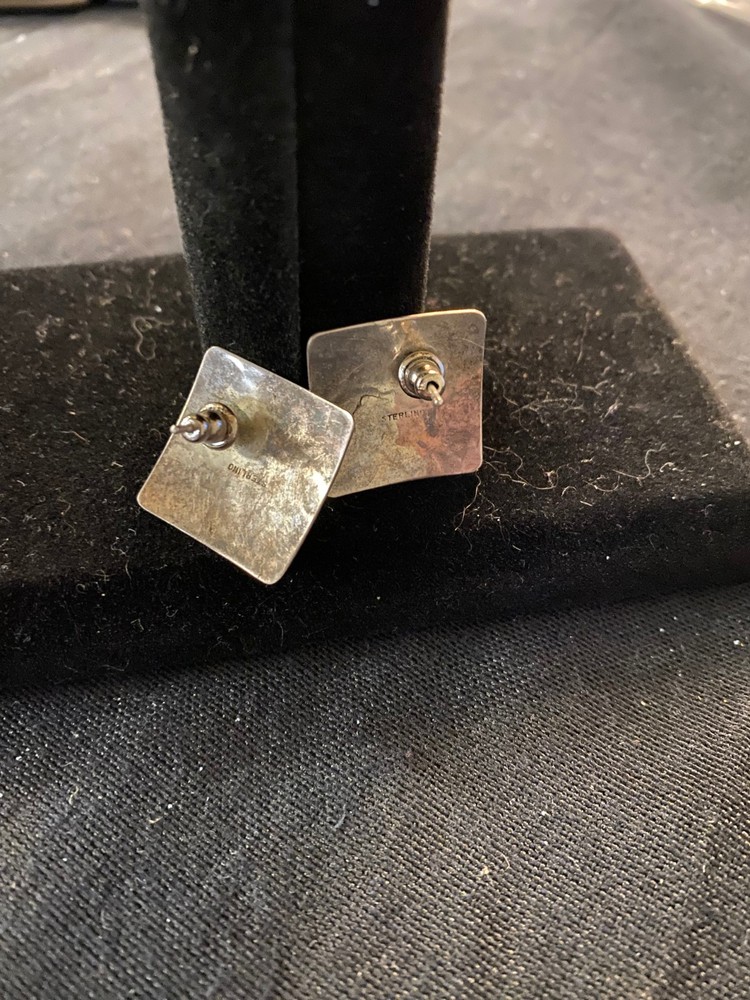 Sterling Silver Earrings Modernist Hammered Square Stud/Pierced Marked