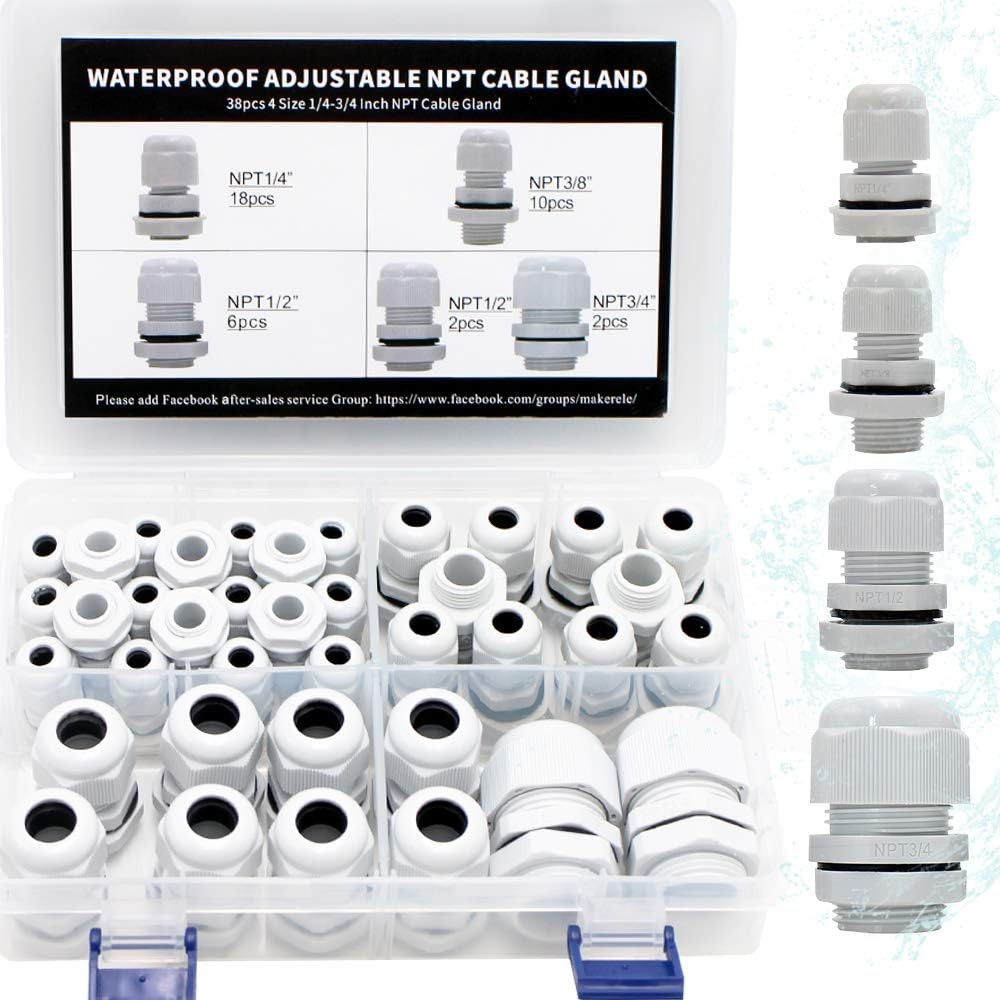 MAKERELE Plastic Waterproof Adjustable 38pcs NPT Cable KIT BOX, Grey