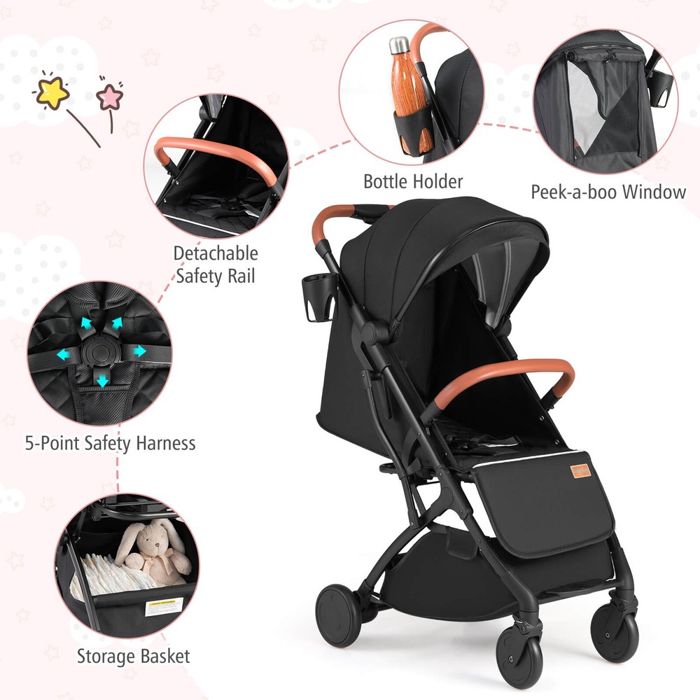 Lightweight Baby Stroller w/One-Hand Folding, Extendable Canopy, Storage Baske