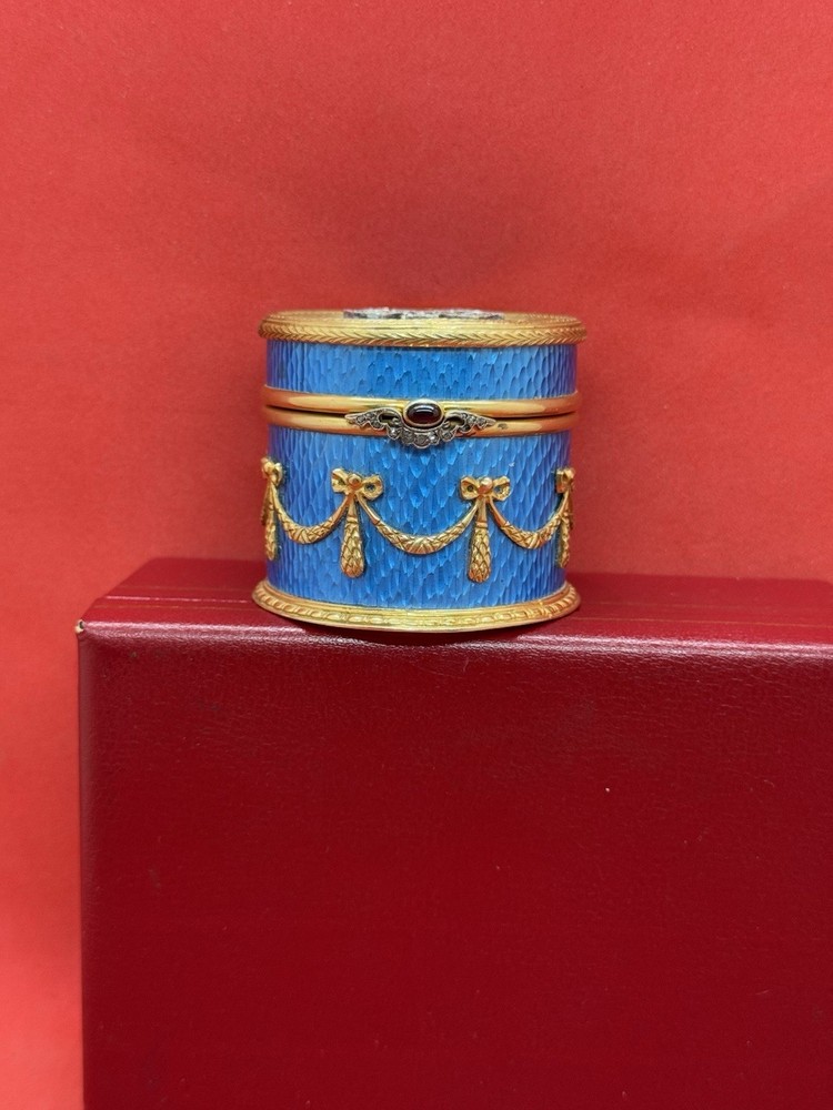 Antique Gilt Enamel Guilloche Solid Silver Diamond Snuff Pill Box Mint Condition