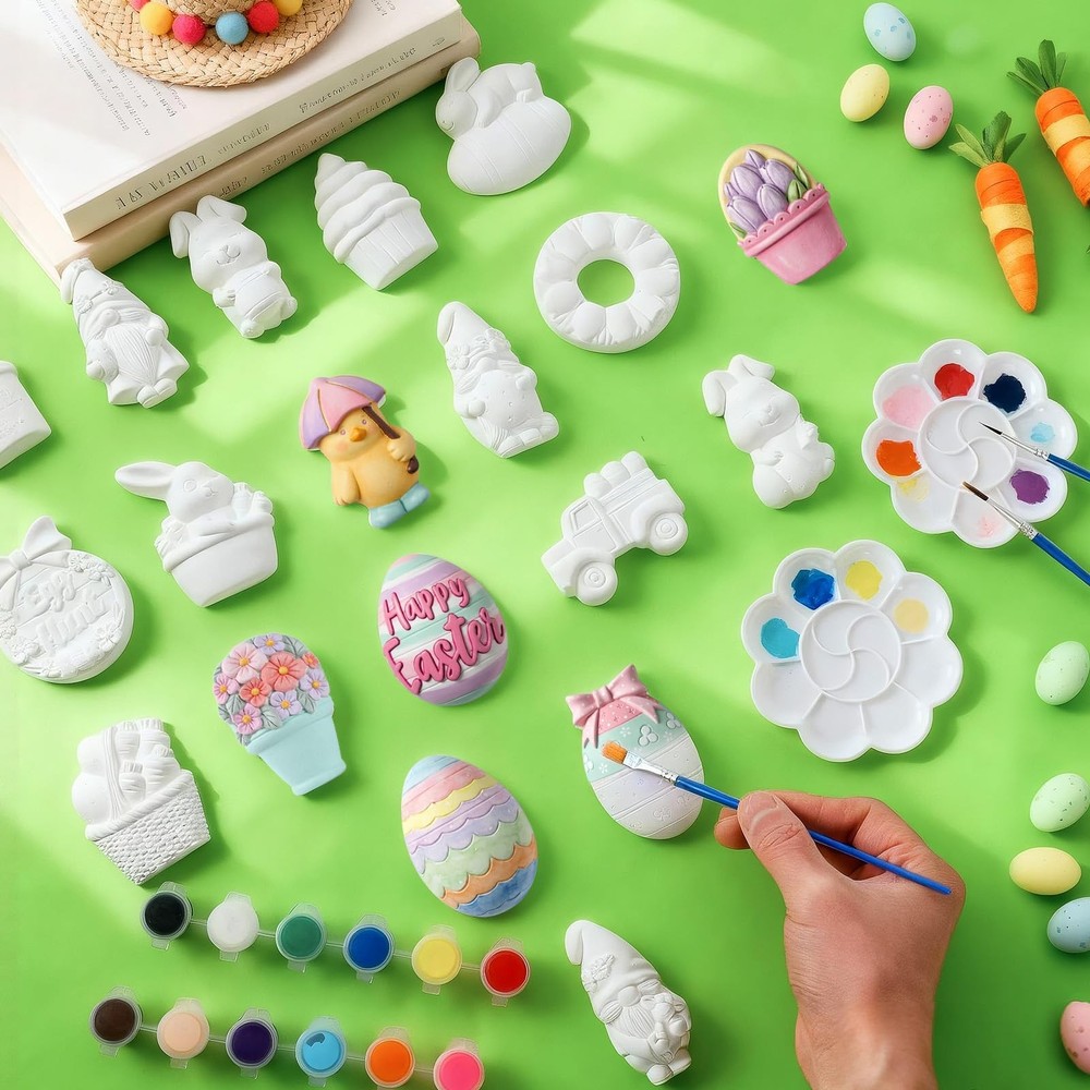 24 Piece Easter DIY Ceramic Painting Kit Unfinished Easter Bunny Egg Carrot G...
