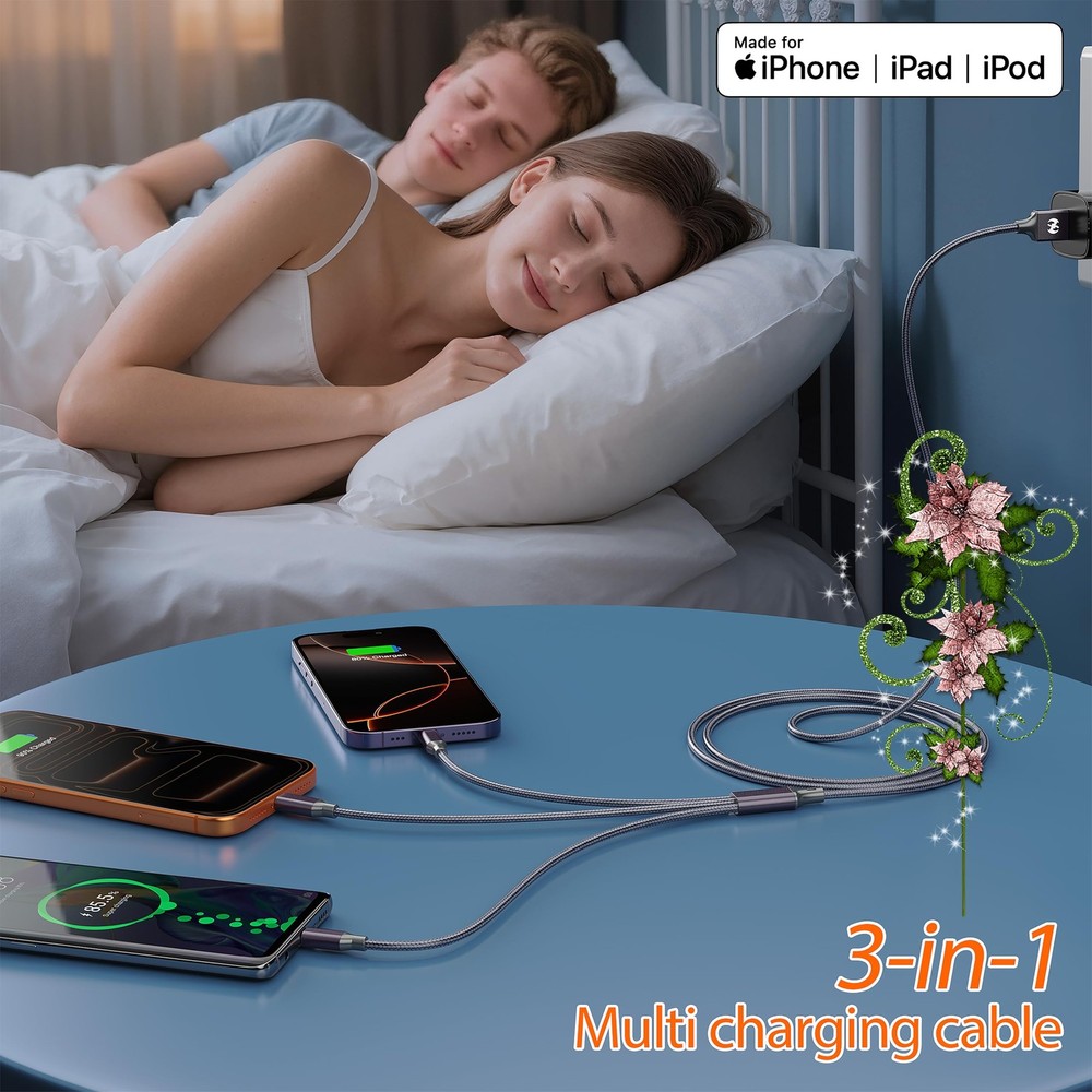 Multi Charging Cable (6ft 2Pack),3 in 1 USB 6 feet, Grey-6ft