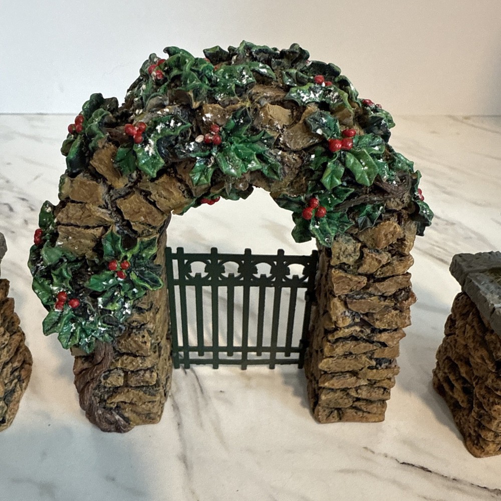 Dept 56 Stone Corner Posts with Holly Tree and Stone Archway Accessory #52648
