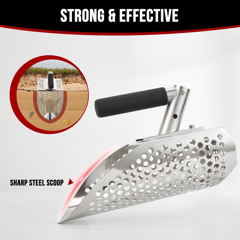 Sand Scoop for Metal Detecting, Stainless with Handle, Silver