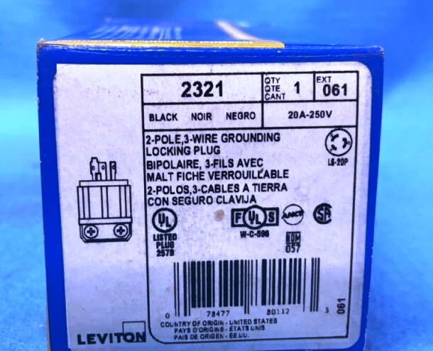 LEVITON 2321 LOCKING PLUG 20A-250V, L6-20