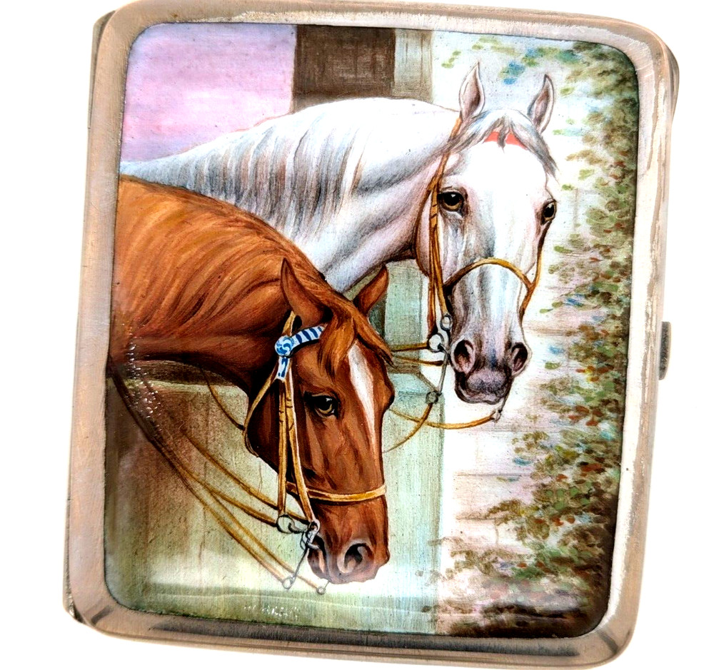 Silverplated Cigarette Case with Enamelled Horse Scene