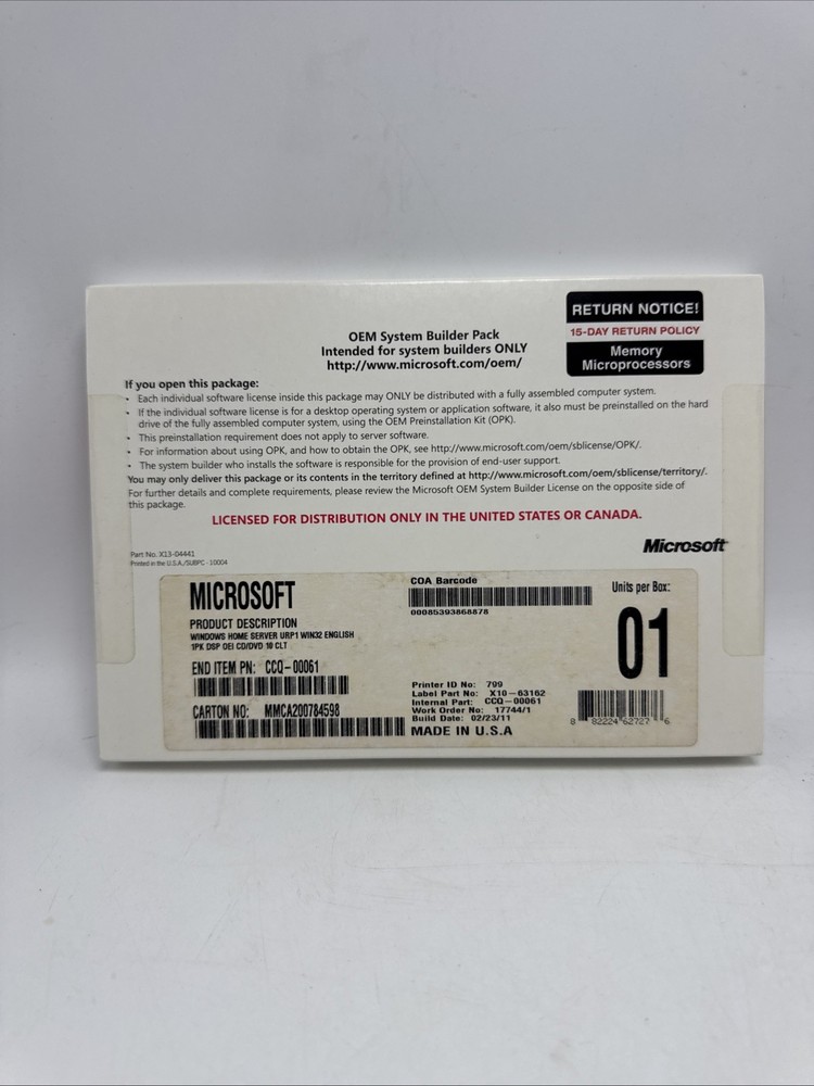Microsoft Windows Home Server OEM System Builder Pack Made USA X10-63162 Sealed