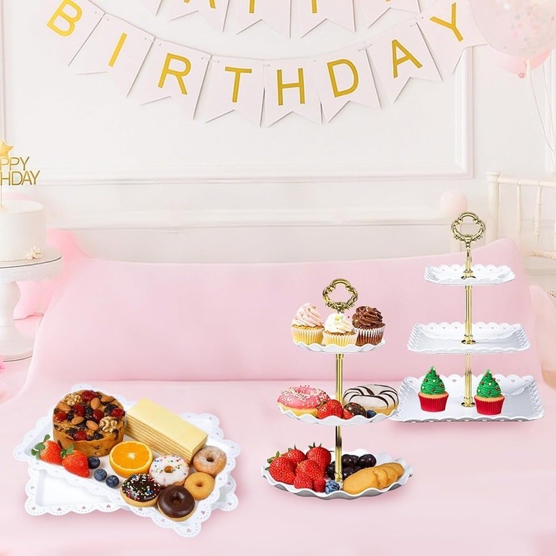 Tiered Serving Tray Set Rectangular Cake Display Stand Parties Events Desserts