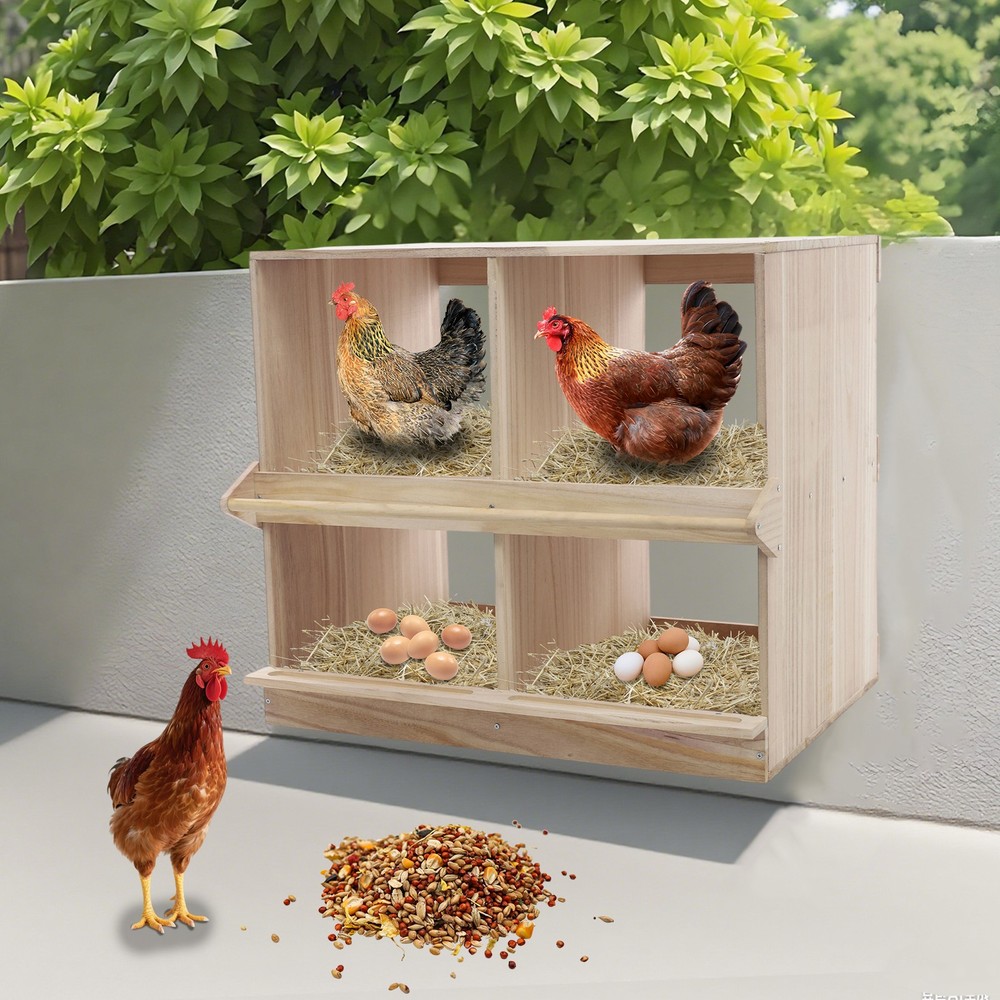 Chicken Nesting Box 4 Compartment Wooden Nesting Boxes for Chickens with Perches