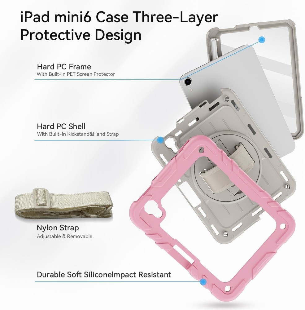 For iPad Mini 6th Gen 8.3 In Case Polycarbonate Shoulder Strap Armor-Pink+White