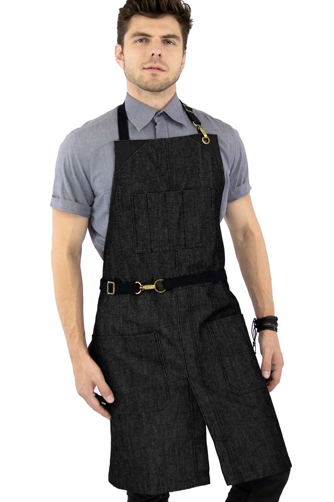 Denim Apron - Easy-Fastening, Leather Trim, Adjustable - Chef, Bartender, BBQ